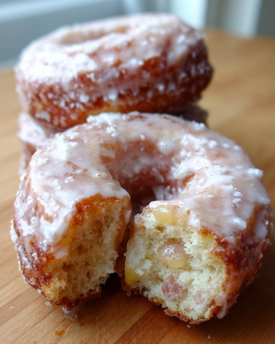 Close-up of a glazed Apple Donut broken in half showing chunks of apple inside, with more donuts stacked behind.