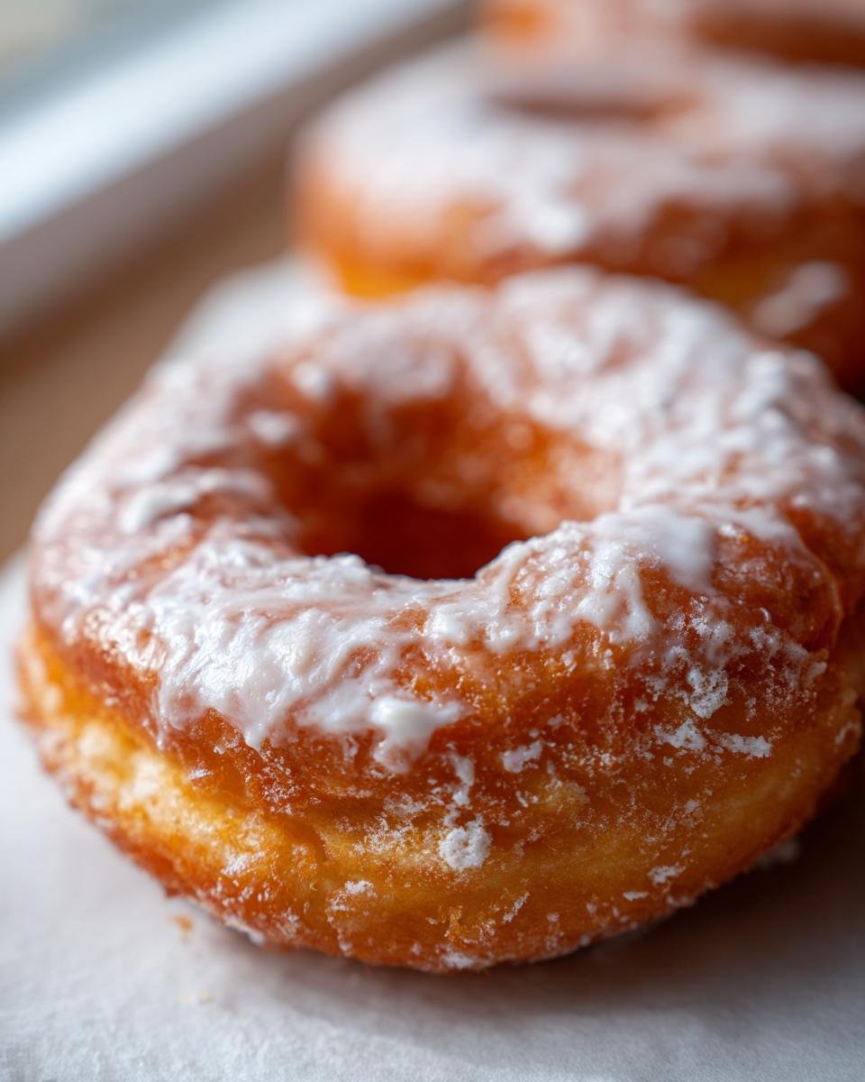 Close-up of a freshly glazed, golden brown Apple Donuts dusted with powdered sugar.
