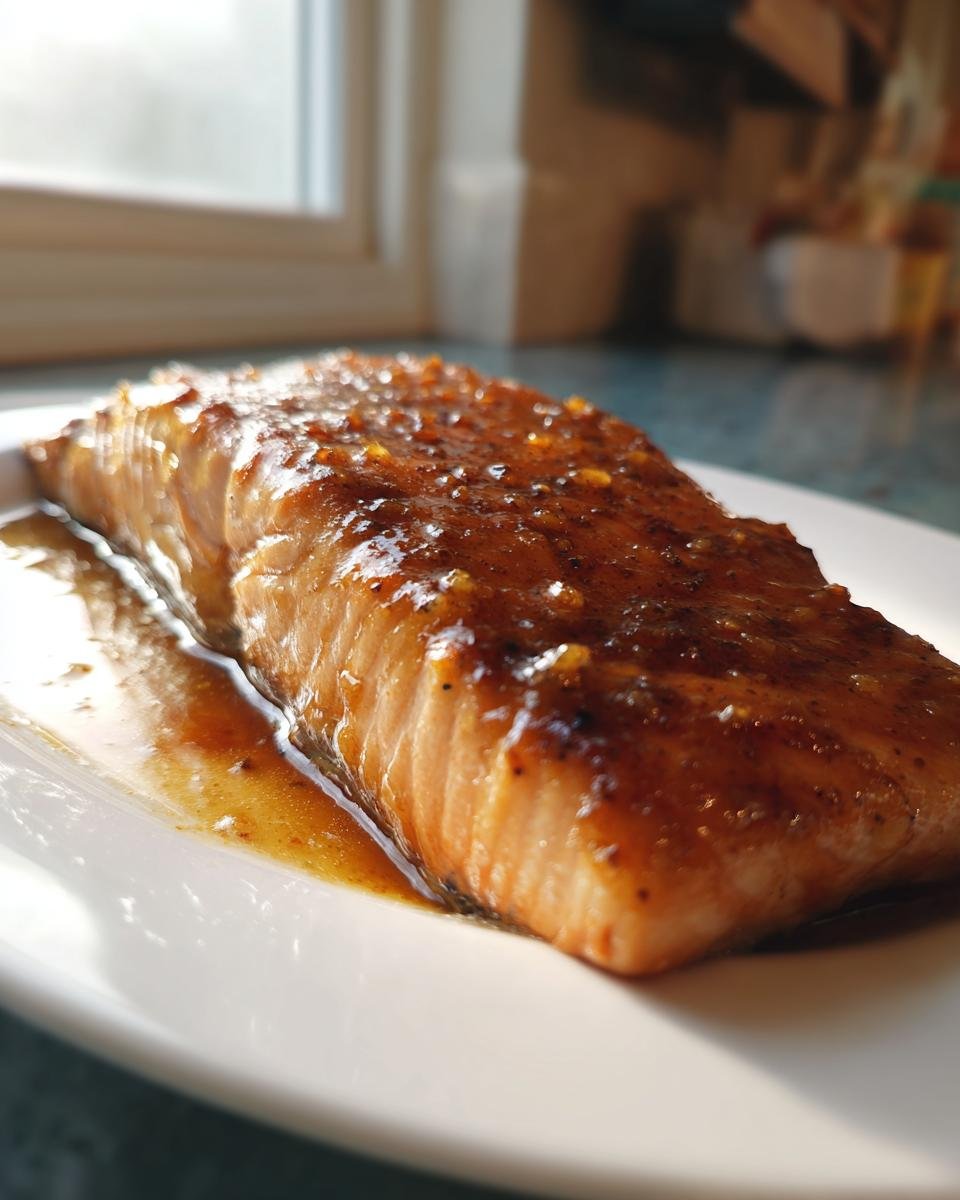 Close-up of a perfectly cooked Honey Garlic Salmon fillet glistening with a thick, sweet glaze.