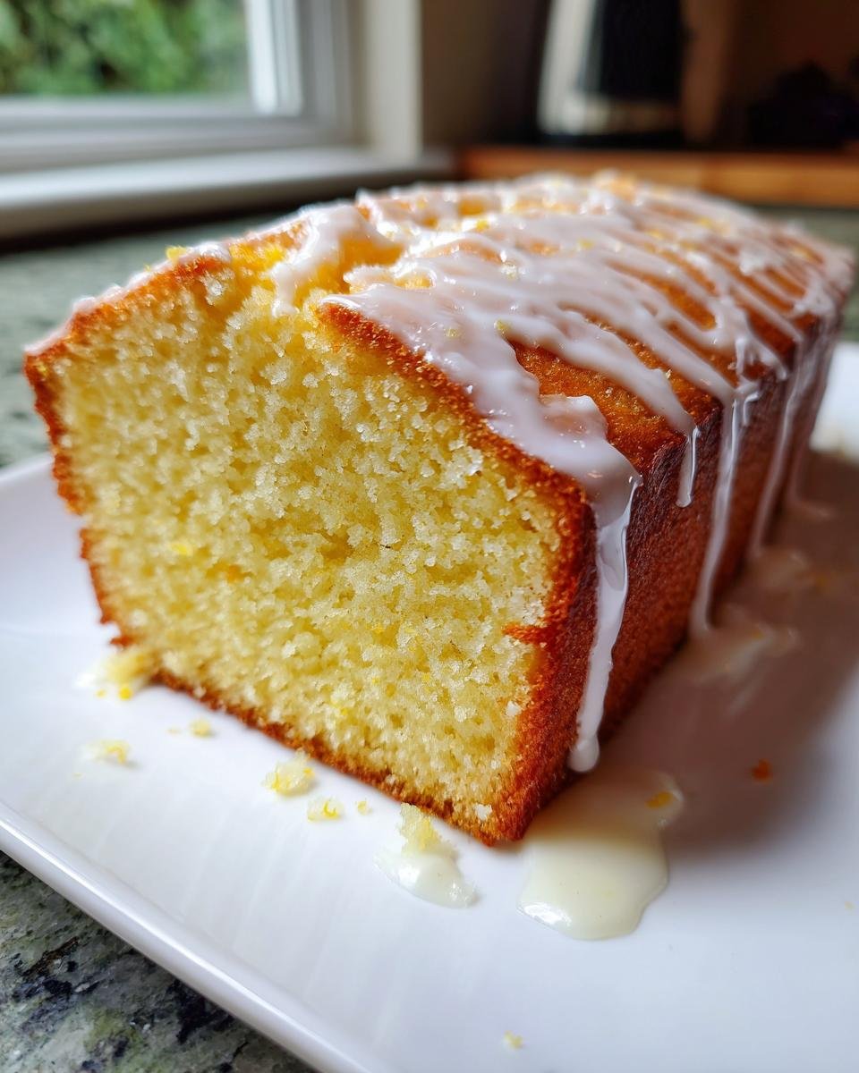 A close-up of a moist slice of Lemon Bread topped with a thick, white lemon glaze drizzled across the top.