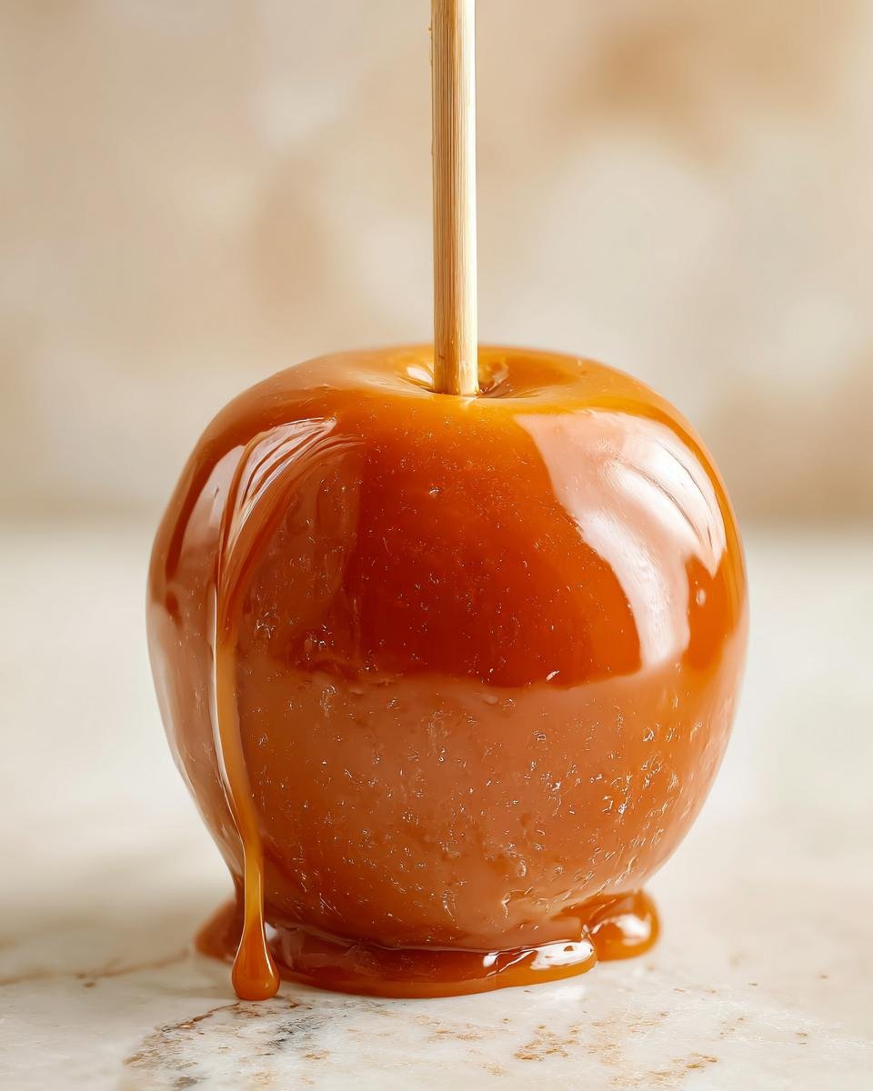 A glossy, freshly dipped caramel apple on a stick, with caramel dripping down the side, ready for Caramel Apple Creations.