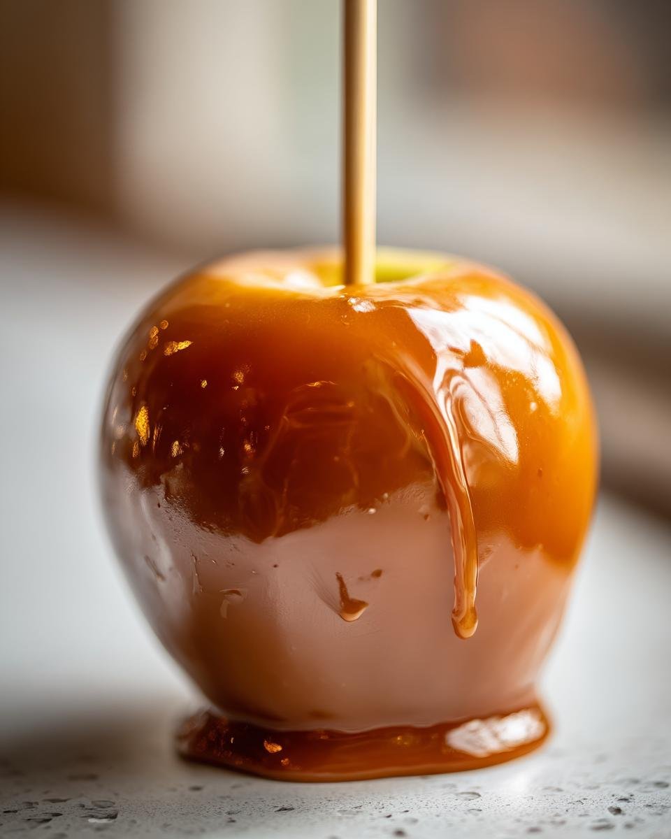 Close-up of a freshly dipped caramel apple creation with thick, glossy caramel dripping down the side.