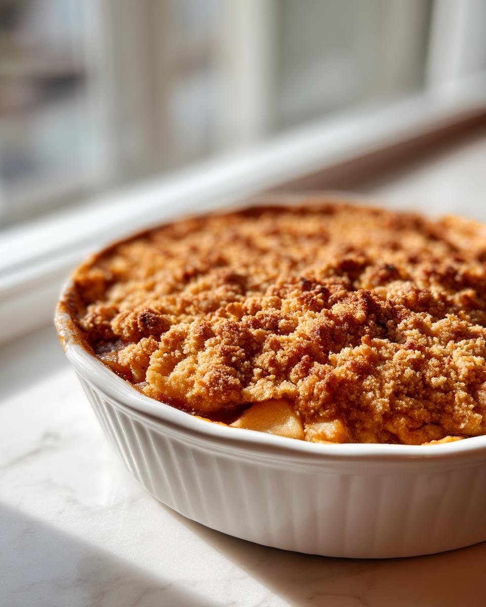 A freshly baked Apple Crumble with a thick, golden, crunchy topping in a white ceramic dish.