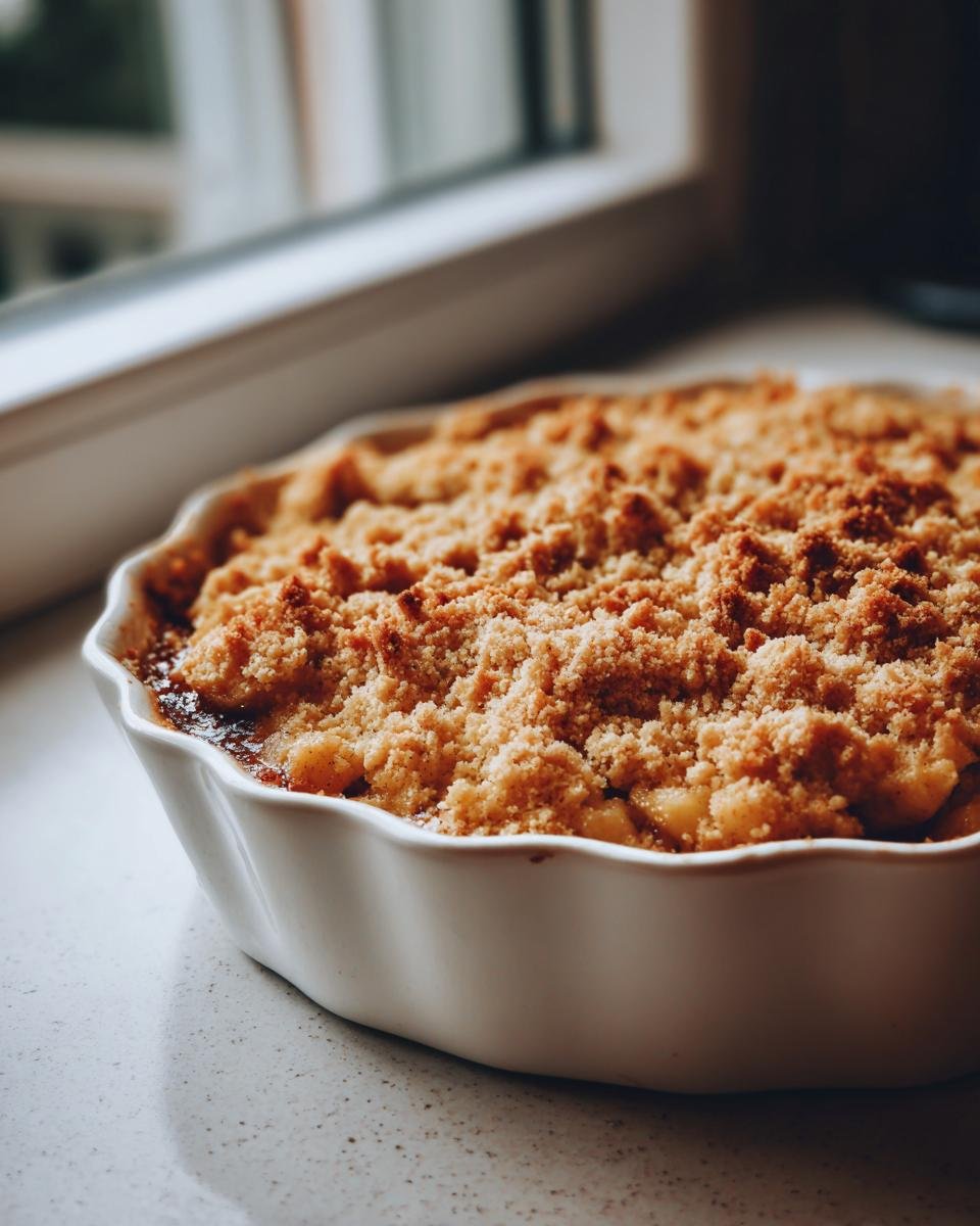 Close-up of a freshly baked Apple Crumble with a thick, golden brown, crumbly topping in a white dish.