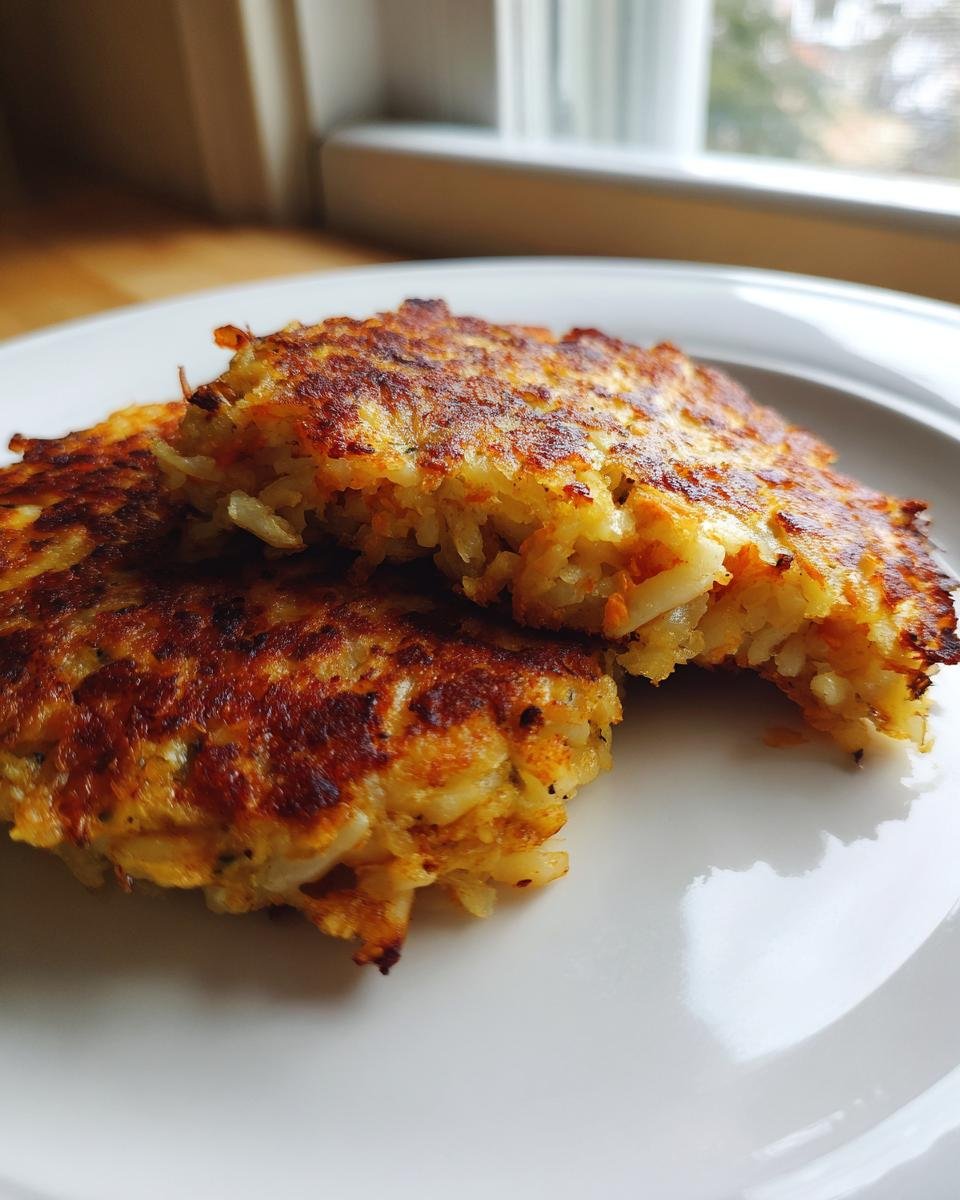 Two golden brown, pan-fried Cabbage Burgers stacked on a white plate, one cut open to show the shredded interior.