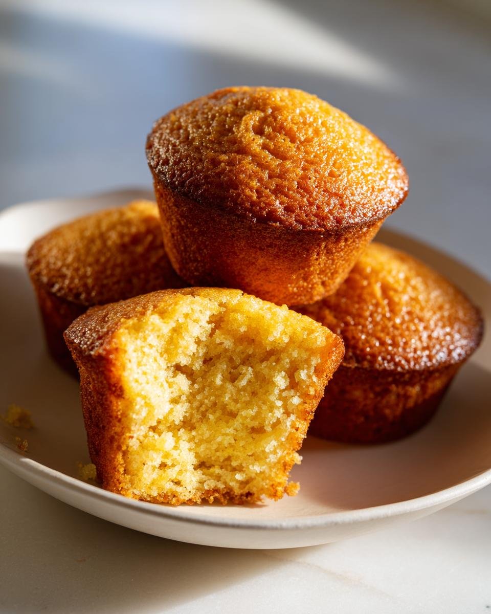 Close-up of golden brown Cornbread Cupcakes stacked on a plate, with one bitten open showing the moist interior.