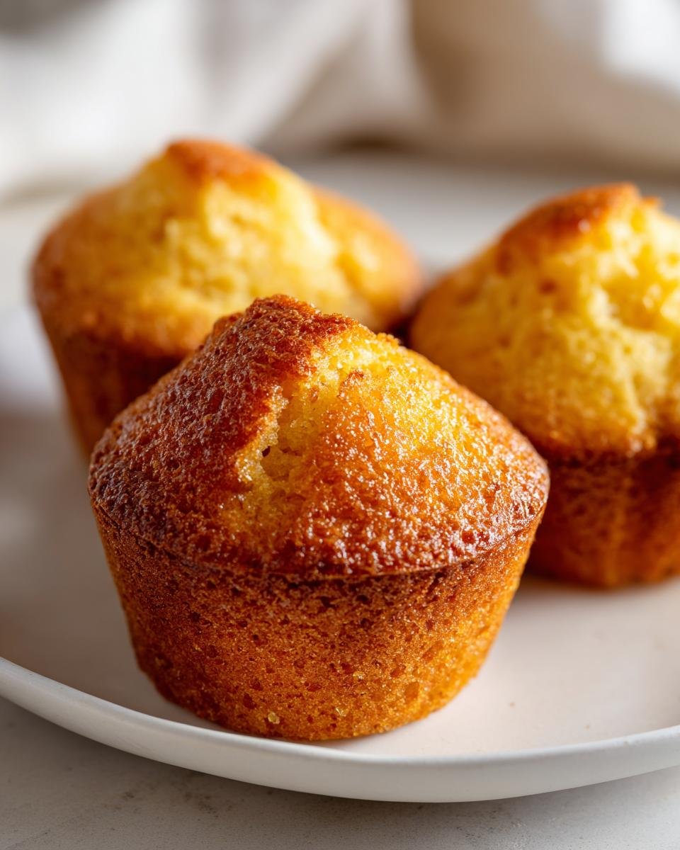 Close-up of three golden brown Cornbread Cupcakes resting on a white plate.