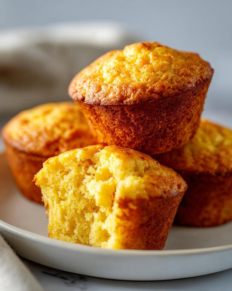 A close-up of several golden Cornbread Cupcakes stacked on a white plate, one broken open showing the crumb.
