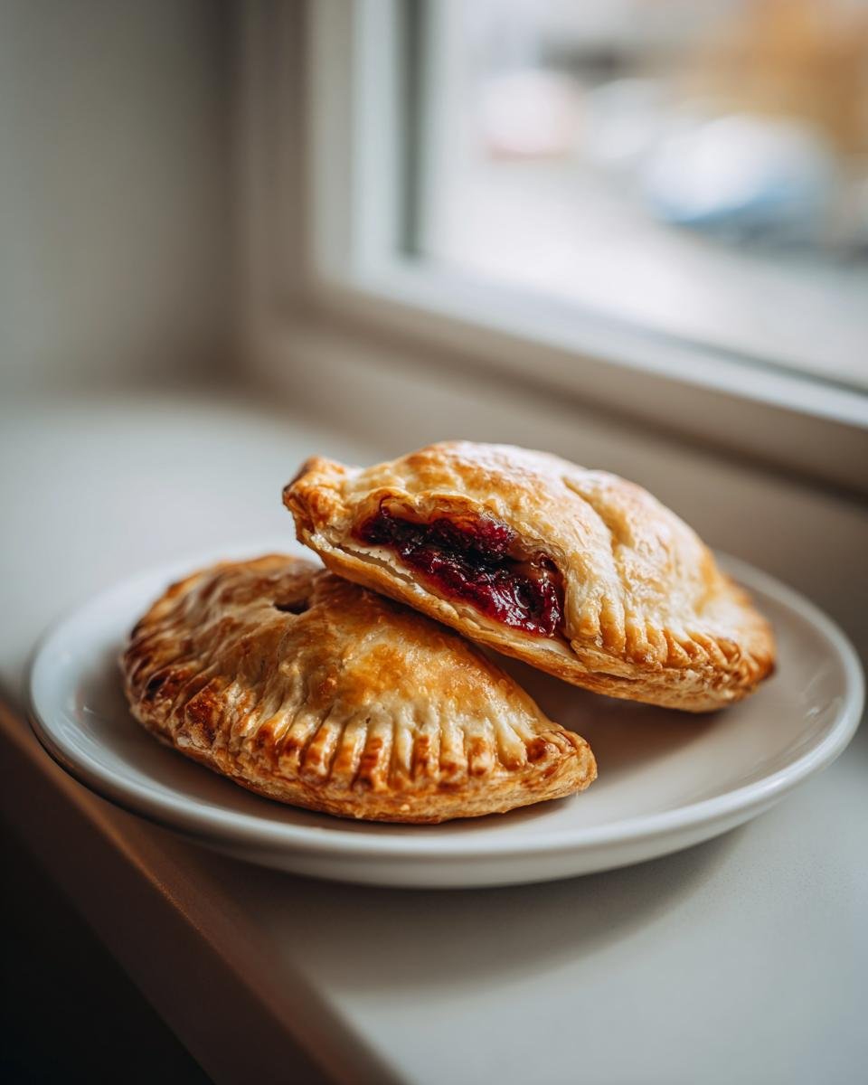 Two golden-brown Cranberry Hand Pies stacked on a white plate, one showing a rich, dark red filling.