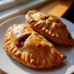 Two golden-brown, flaky Cranberry Hand Pies resting on a white plate with visible cranberry filling peeking out.
