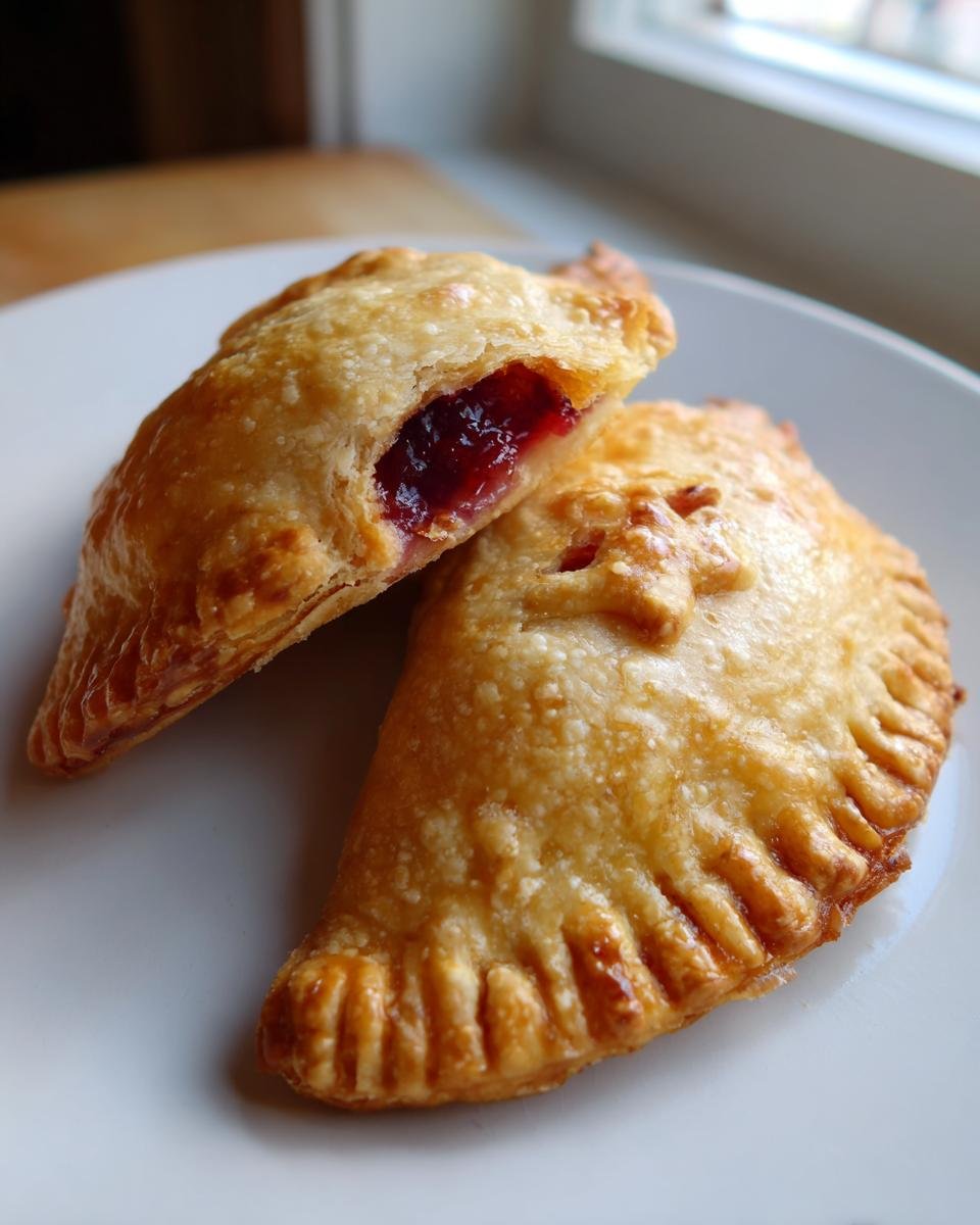 Two golden-brown baked Cranberry Hand Pies on a white plate, one cut open to reveal the bright red cranberry filling.