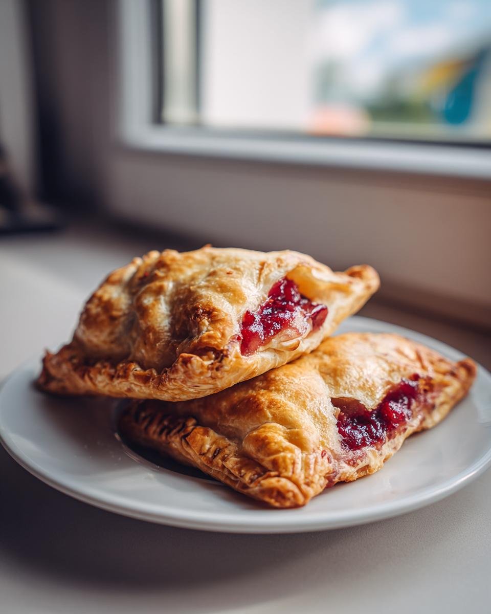 Two golden-brown Cranberry Hand Pies stacked on a white plate, showing bright red cranberry filling spilling out.