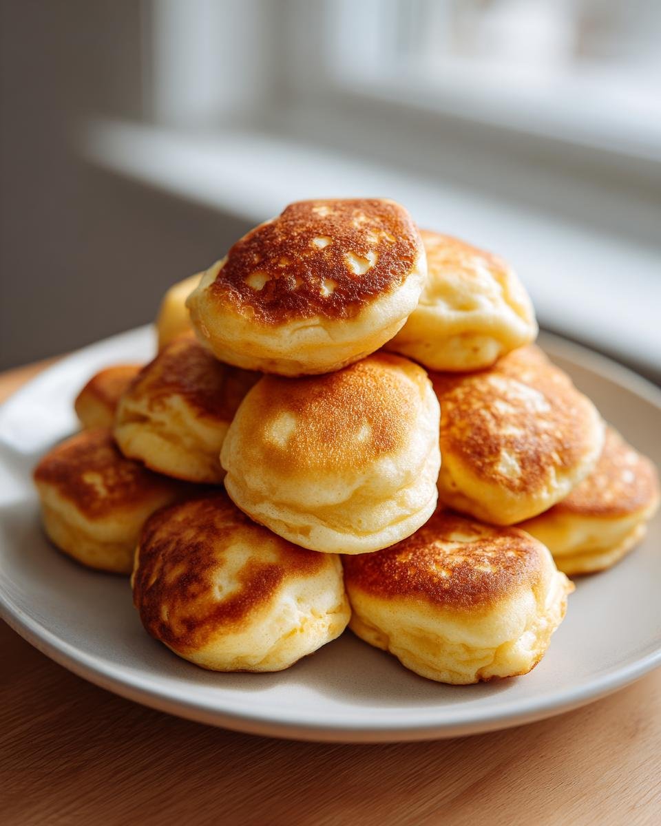 A close-up stack of fluffy, golden brown Pancake Bites piled high on a light gray plate.