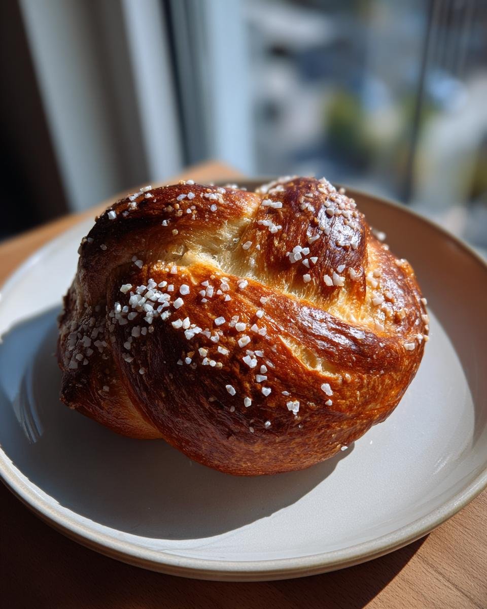 A single, golden-brown Pretzel Bread roll, braided and sprinkled with coarse white salt, sitting on a light-colored plate.