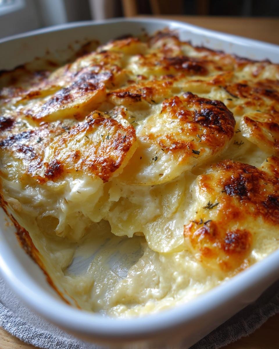 Close-up of freshly baked Scalloped Potatoes with a golden, bubbly, cheesy top layer in a white casserole dish.