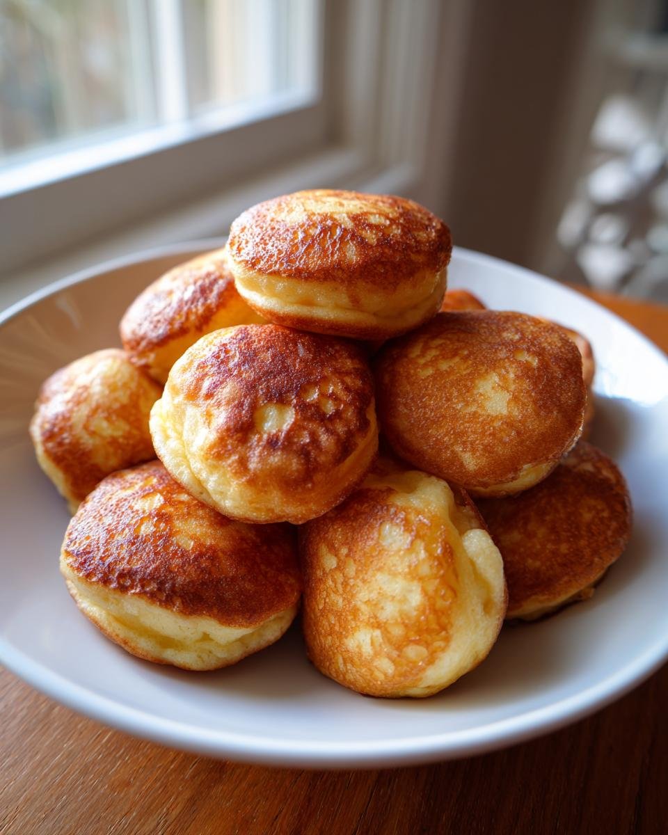 A close-up of a white bowl piled high with freshly cooked, golden brown Pancake Bites.