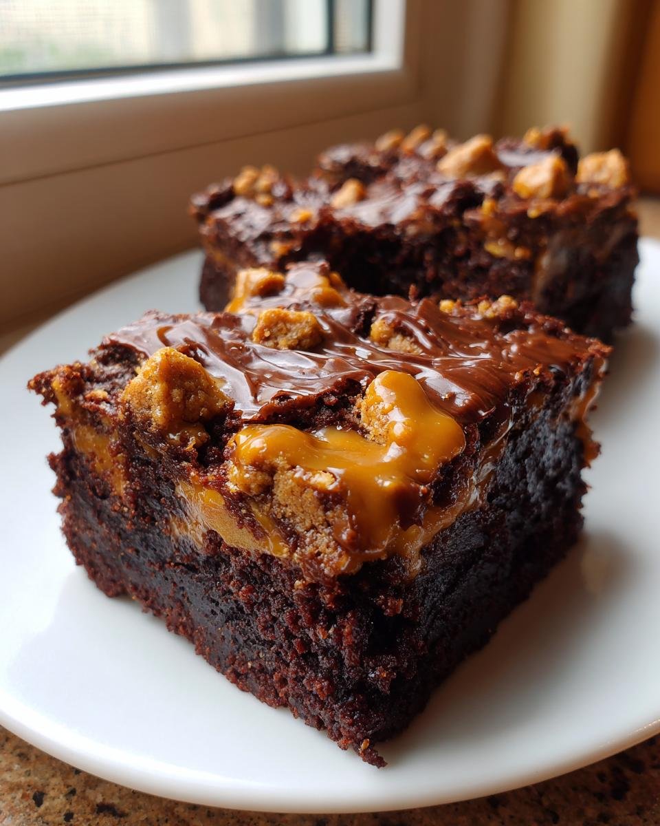 A close-up of a rich, fudgy Biscoff Brownies square topped with melted chocolate, caramel, and cookie crumbles.