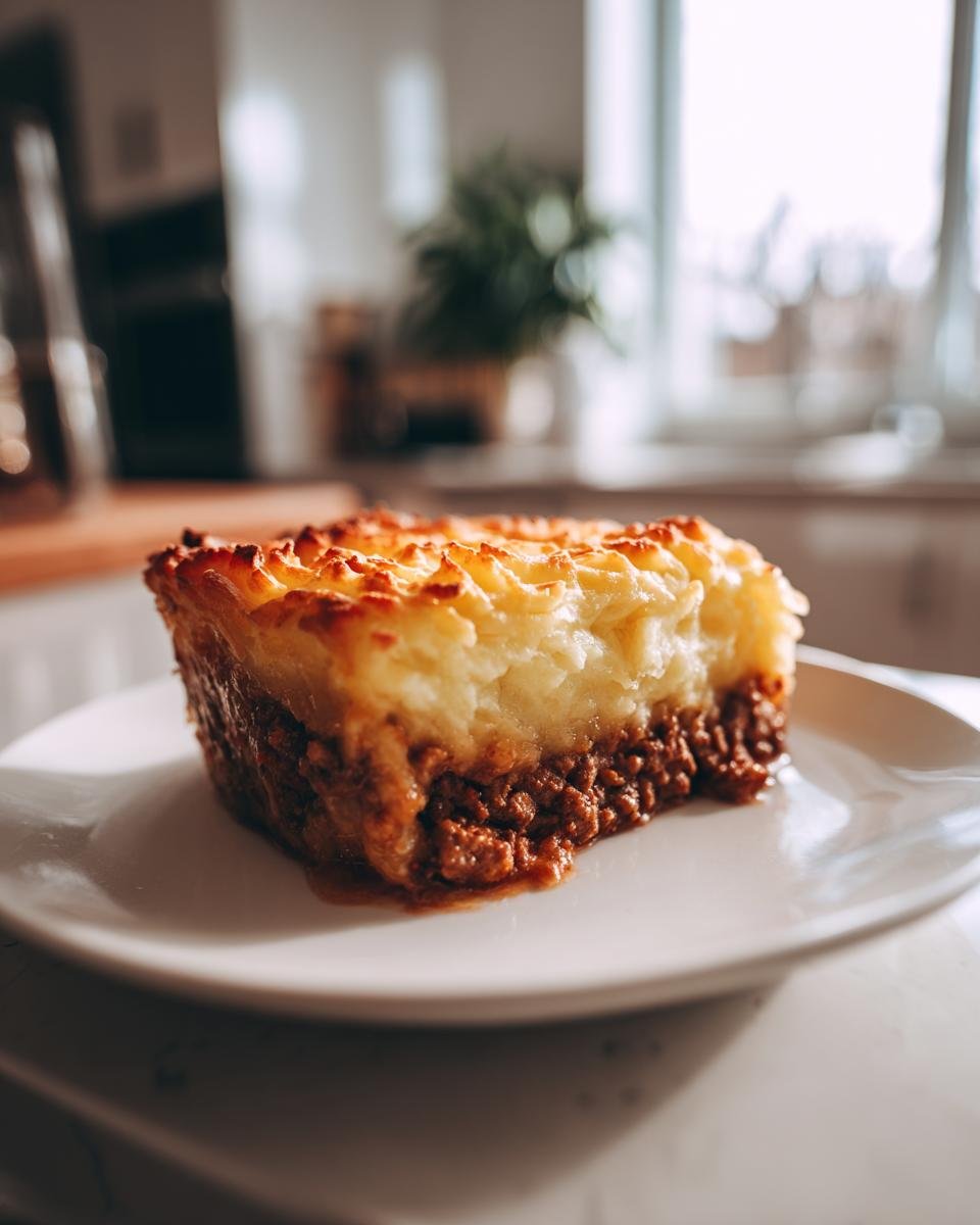A close-up slice of Hamburger Pie with a browned mashed potato topping over seasoned ground beef filling, served on a white plate.