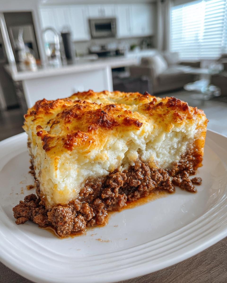 A thick slice of Hamburger Pie showing a rich layer of seasoned ground beef topped with golden-brown mashed potatoes.
