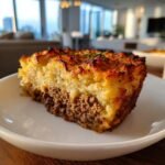 A thick slice of Hamburger Pie showing a savory ground beef layer topped with golden, crispy mashed potatoes.