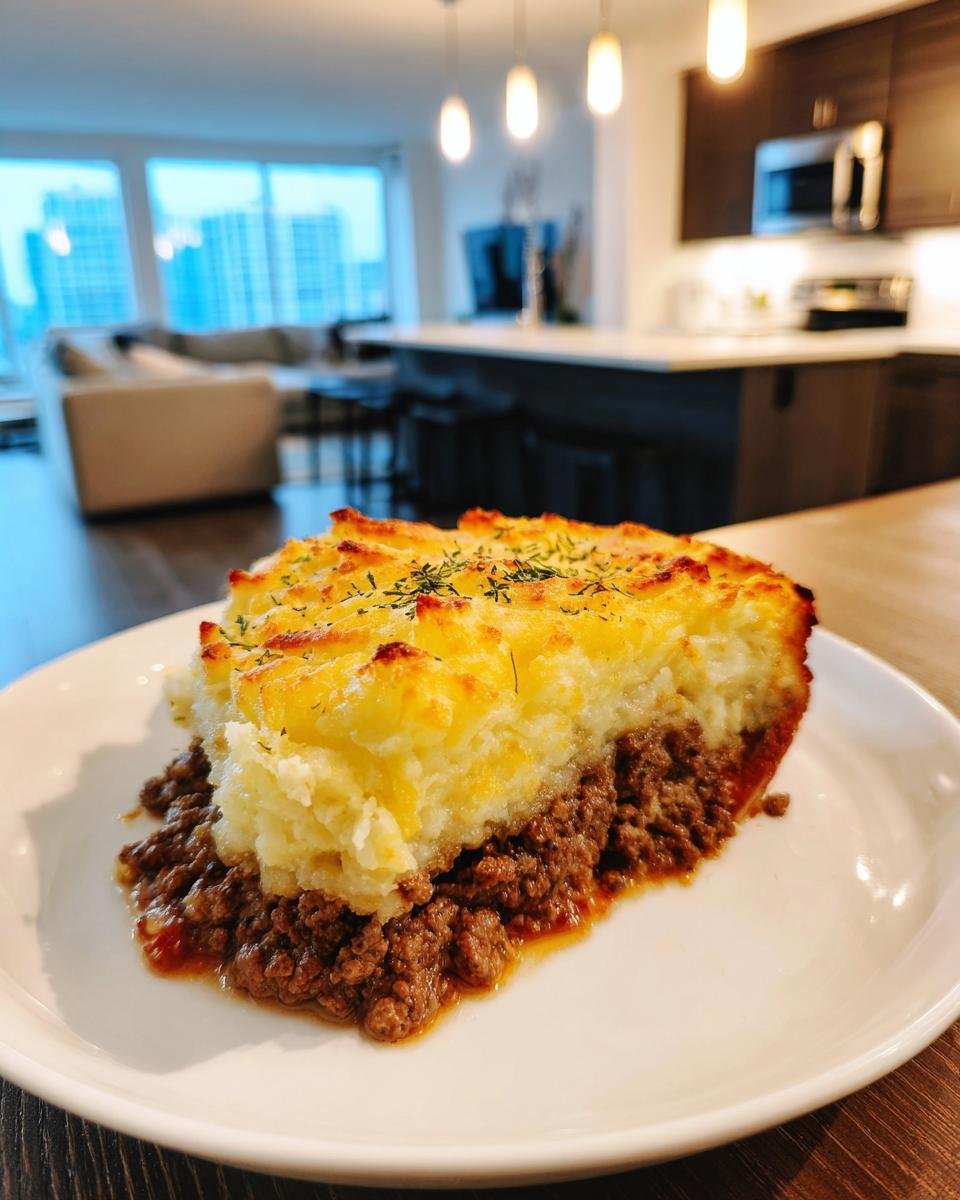 A hearty slice of Hamburger Pie featuring a rich ground beef base topped with golden, baked mashed potatoes.