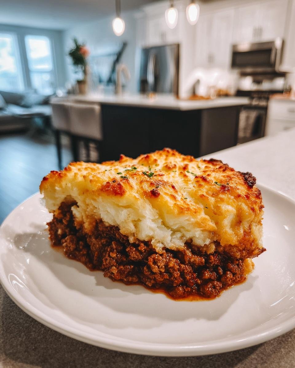 A thick slice of Hamburger Pie with a rich meat base and a golden, crispy mashed potato topping.