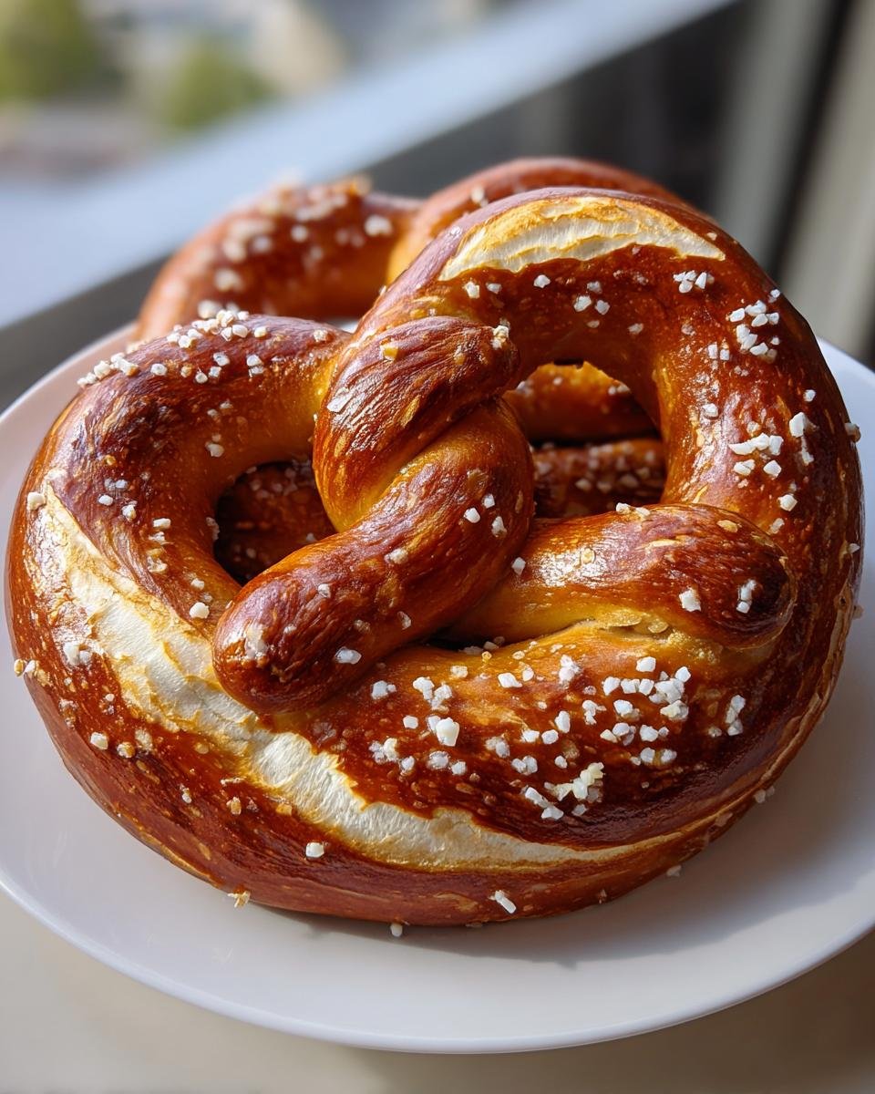 Close-up of a freshly baked Pretzel Bread with a deep brown, shiny crust and coarse salt crystals.