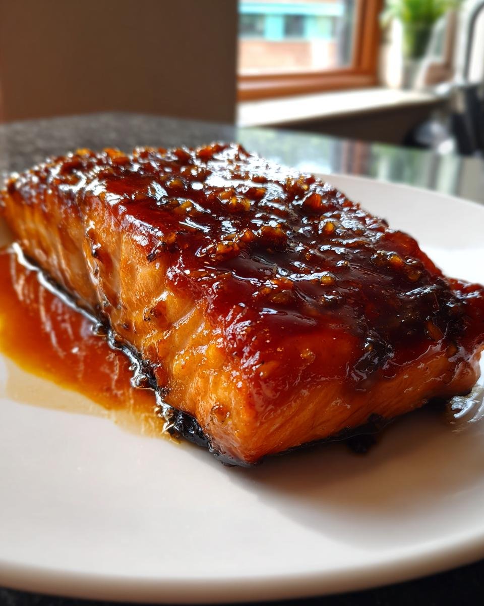 A perfectly cooked fillet of Honey Garlic Salmon, coated in a thick, glossy, dark amber glaze.