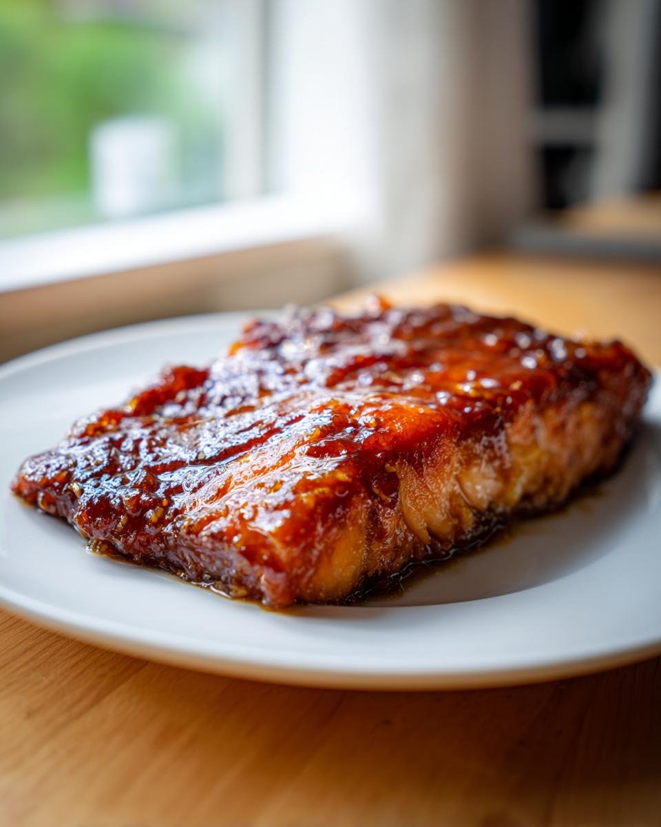 A close-up of a perfectly cooked Honey Garlic Salmon fillet coated in a thick, glossy glaze, served on a white plate.