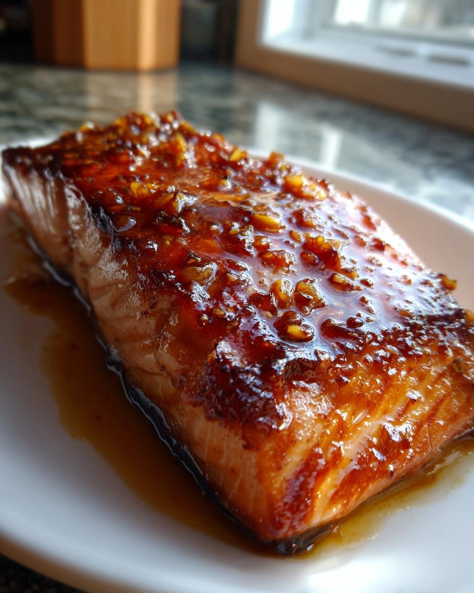 A close-up of a perfectly cooked fillet of Honey Garlic Salmon, glistening with a thick, caramelized glaze.
