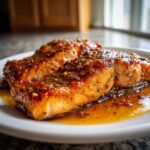 Two perfectly cooked fillets of Honey Garlic Salmon, glistening with a thick, savory glaze, resting in sauce on a white plate.