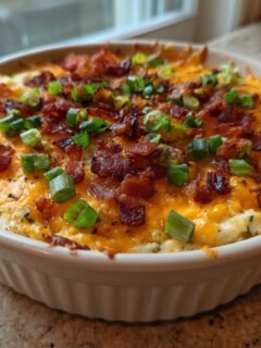 A close-up of hot Baked Potato Dip topped with melted cheddar cheese, crispy bacon bits, and fresh green onions.
