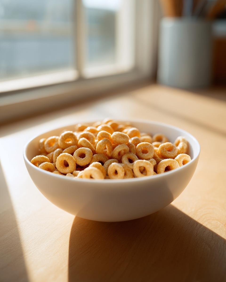 A white bowl filled with glistening Hot Buttered Cheerios sits on a wooden counter near a bright window.