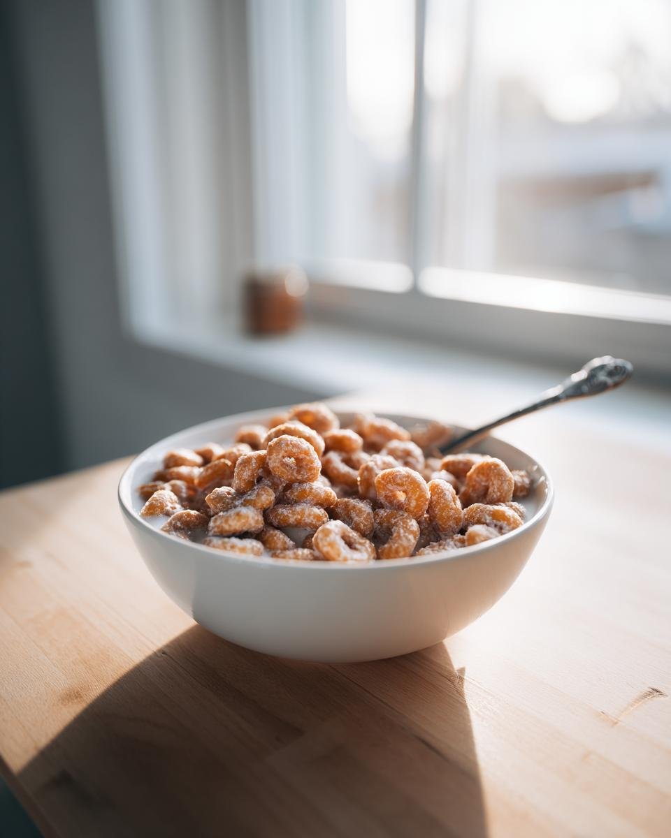 A white bowl filled with Hot Buttered Cheerios sitting on a wooden table near a bright window.
