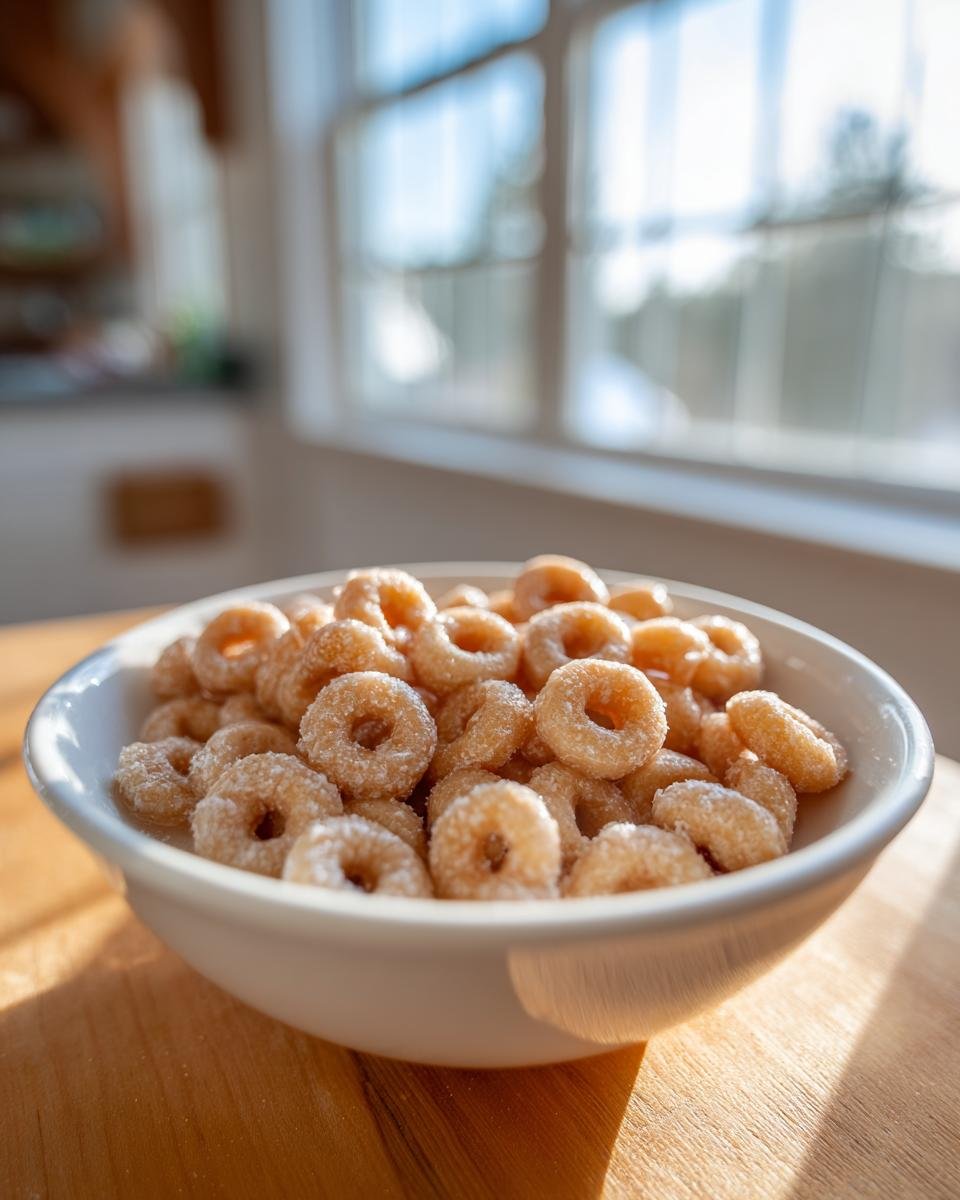 A close-up of a white bowl filled with glistening Hot Buttered Cheerios sitting on a wooden table near a bright window.
