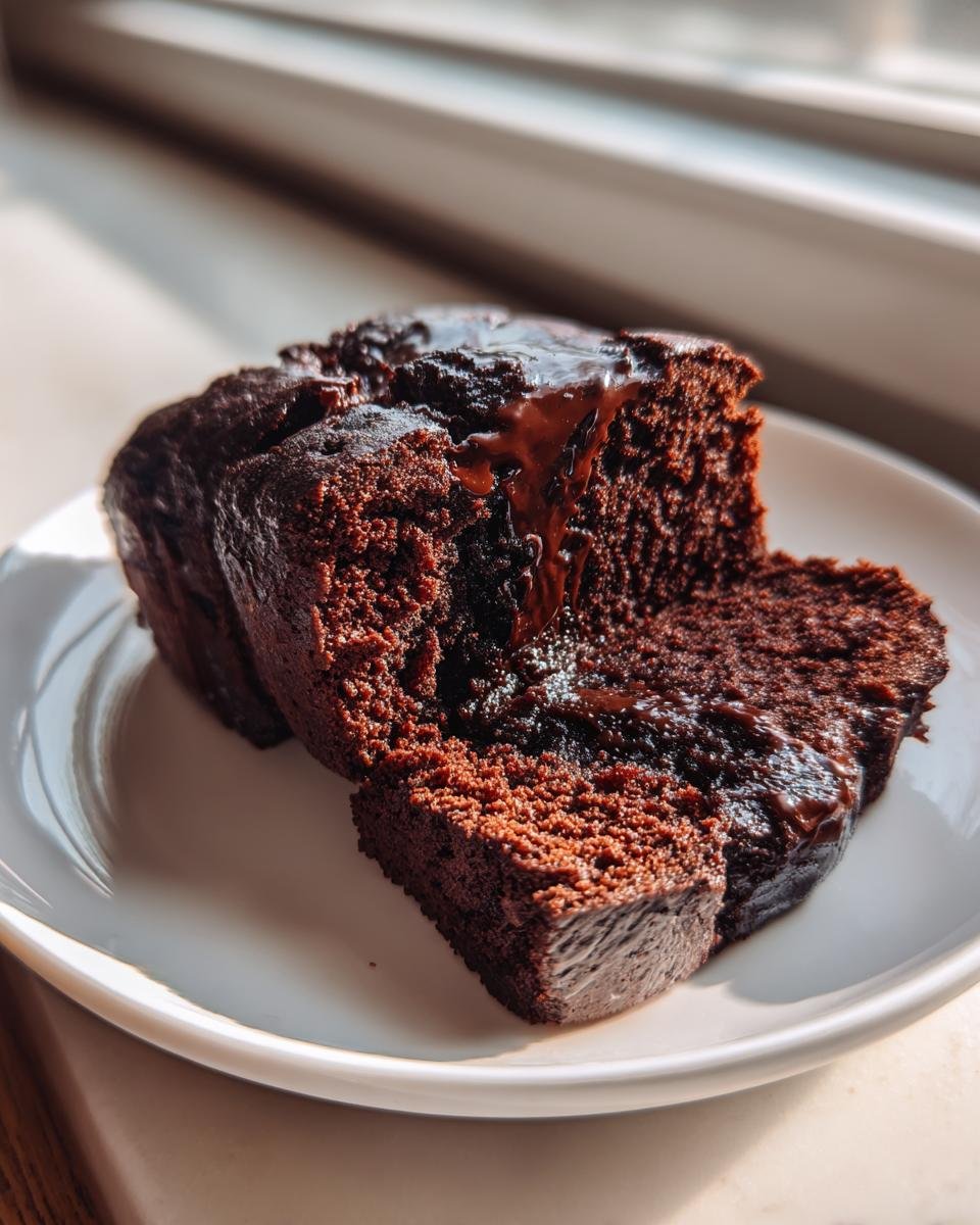 A rich, dark slice of Hot Fudge Brownie Bread topped with melting fudge sauce, served on a white plate.
