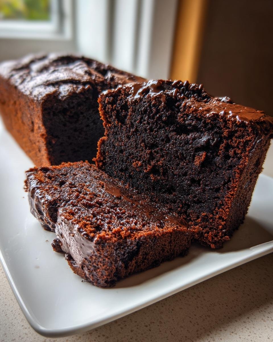 Close-up of rich, dark Hot Fudge Brownie Bread, sliced to show the moist interior and glossy chocolate topping.