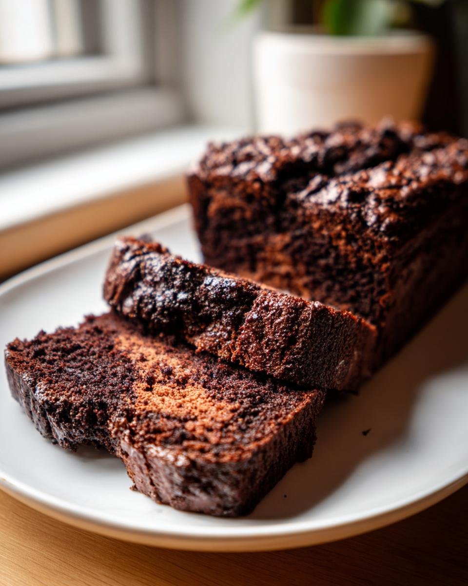 Two slices of rich, dark Hot Fudge Brownie Bread resting against the loaf on a white plate.