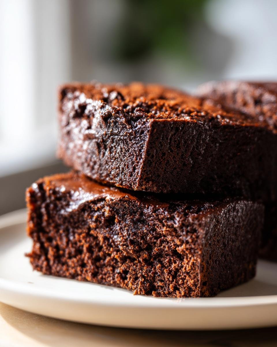 Close-up of two rich, dark slices of Hot Fudge Brownie Bread stacked on a light plate.