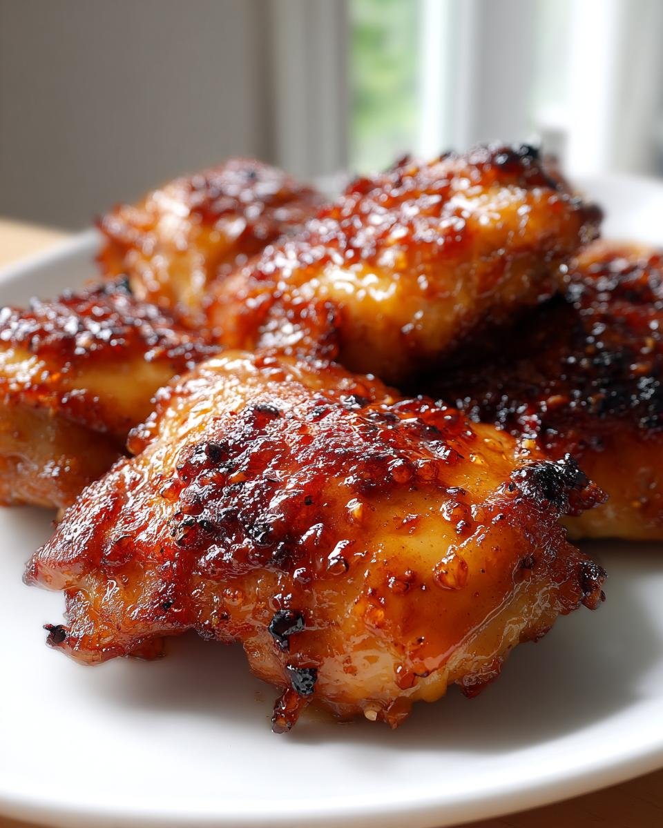 Close-up of several pieces of glistening Hot Honey Chicken with a sticky, caramelized glaze on a white plate.
