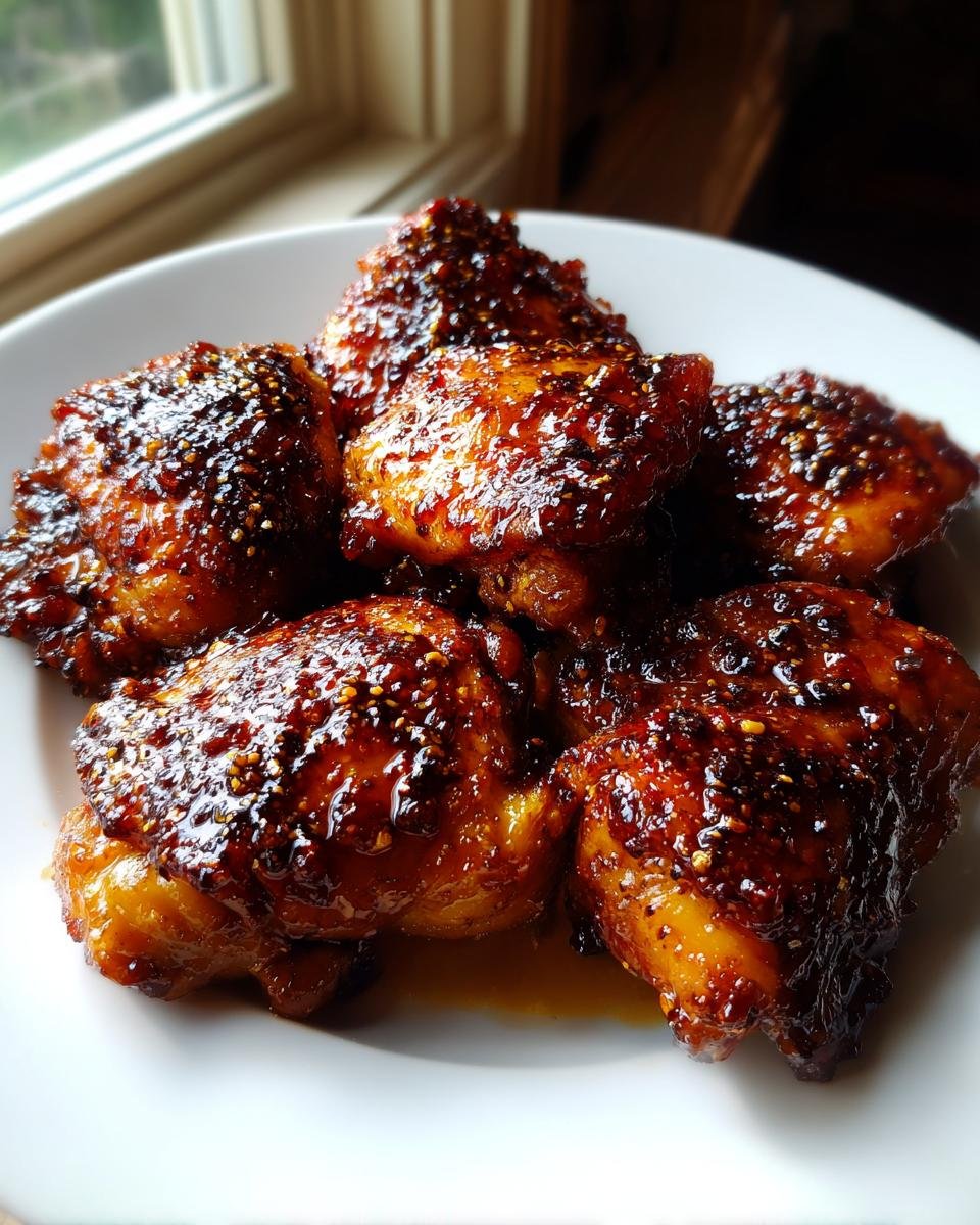 Several pieces of glazed Hot Honey Chicken thighs piled on a white plate, glistening with sauce and sesame seeds.