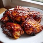 Close-up of several pieces of glistening Hot Honey Chicken coated in a thick, dark, sweet and spicy glaze.