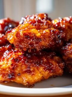 Close-up of crispy chicken wings generously coated in a shiny, dark glaze, representing Hot Honey Chicken.