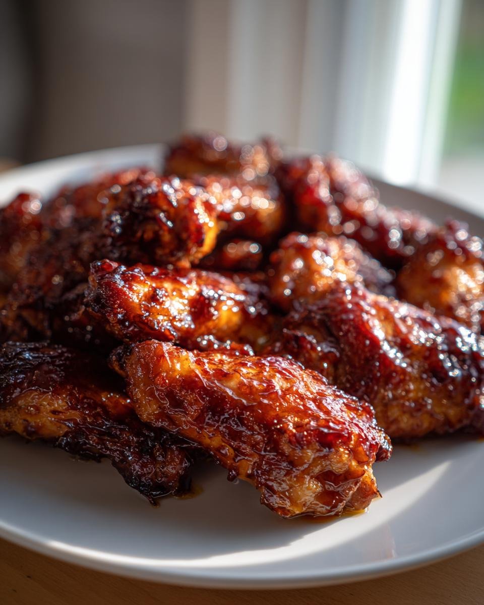 Close-up of sticky, caramelized Hot Honey Chicken wings piled high on a white plate, glistening in the sunlight.