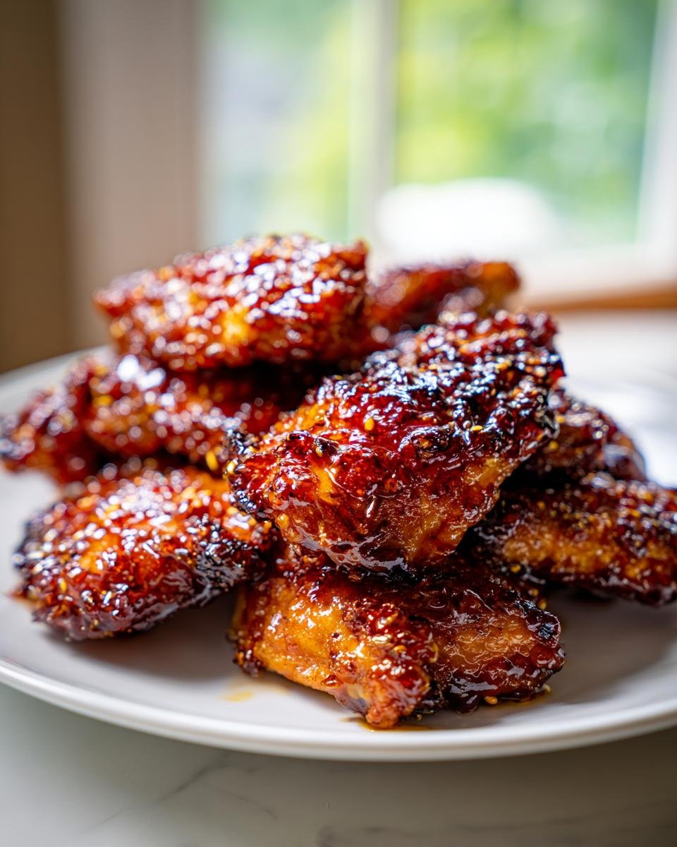 A close-up stack of glistening, caramelized Hot Honey Chicken wings sprinkled with sesame seeds on a white plate.