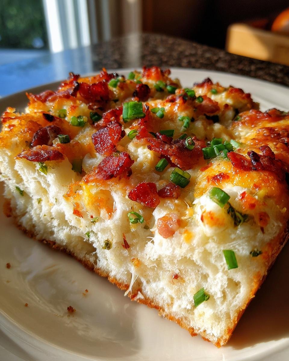 Close-up of a thick slice of Jalapeno Popper Pizza showing fluffy crust, melted cheese, bacon bits, and green onions.
