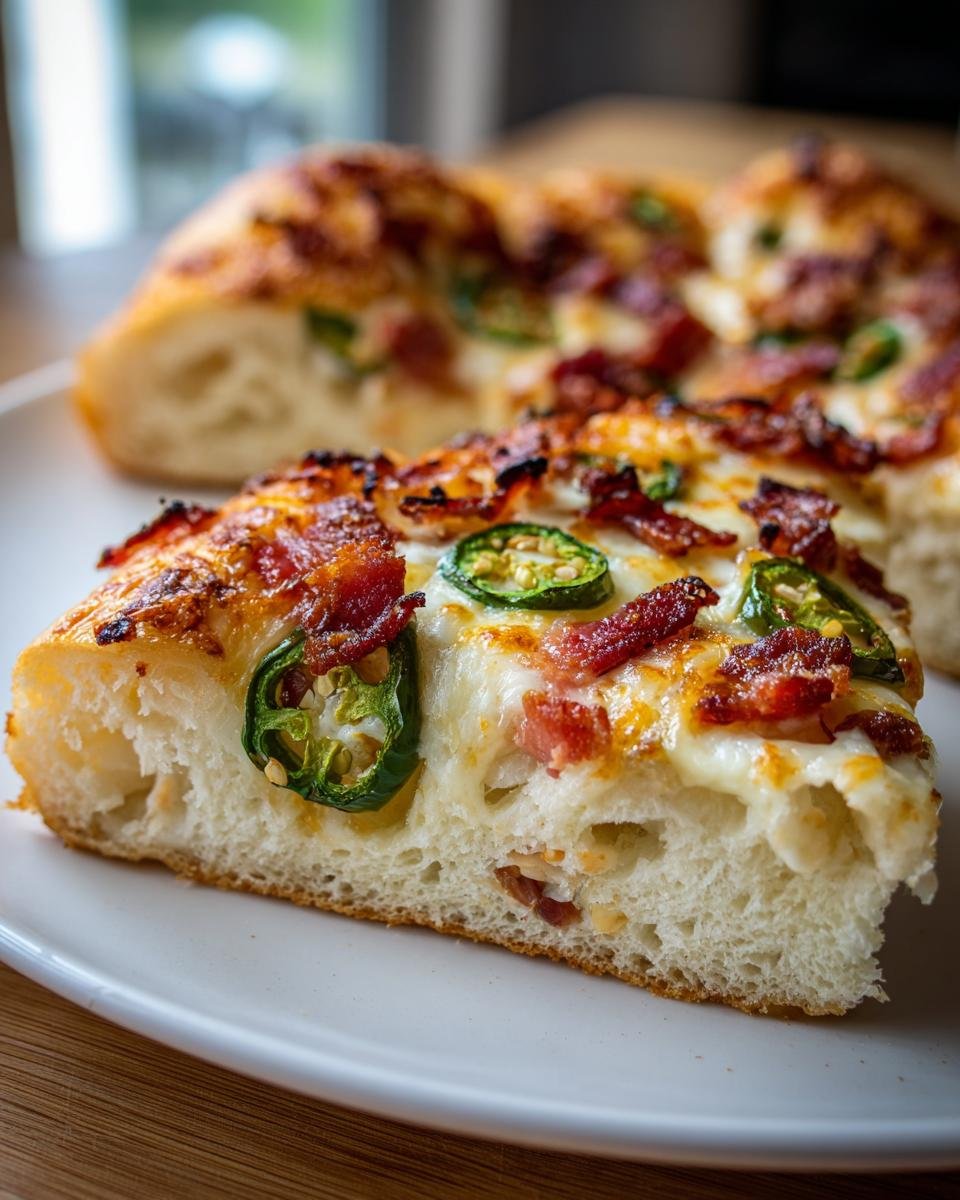 Close-up of a thick-crust Jalapeno Popper Pizza slice topped with melted cheese, bacon, and fresh jalapeno rings.