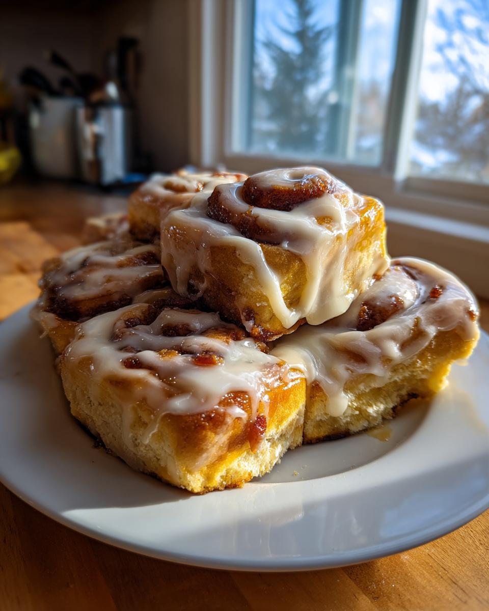 A stack of freshly baked Maple Bacon Cinnamon Rolls generously topped with white glaze, sitting on a white plate.