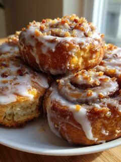 A stack of four glazed Maple Bacon Cinnamon Rolls topped with bacon bits, served on a white plate.