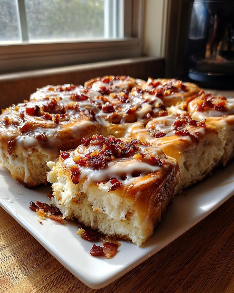 A plate of freshly baked Maple Bacon Cinnamon Rolls topped with white icing and crispy bacon bits.